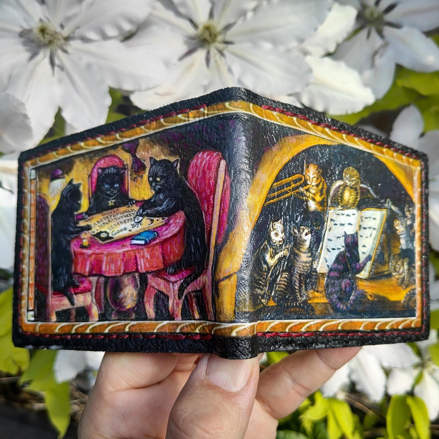 Spooky medieval cats leather wallet - Marginalia medieval - Leather Bifold Wallet - Handcrafted