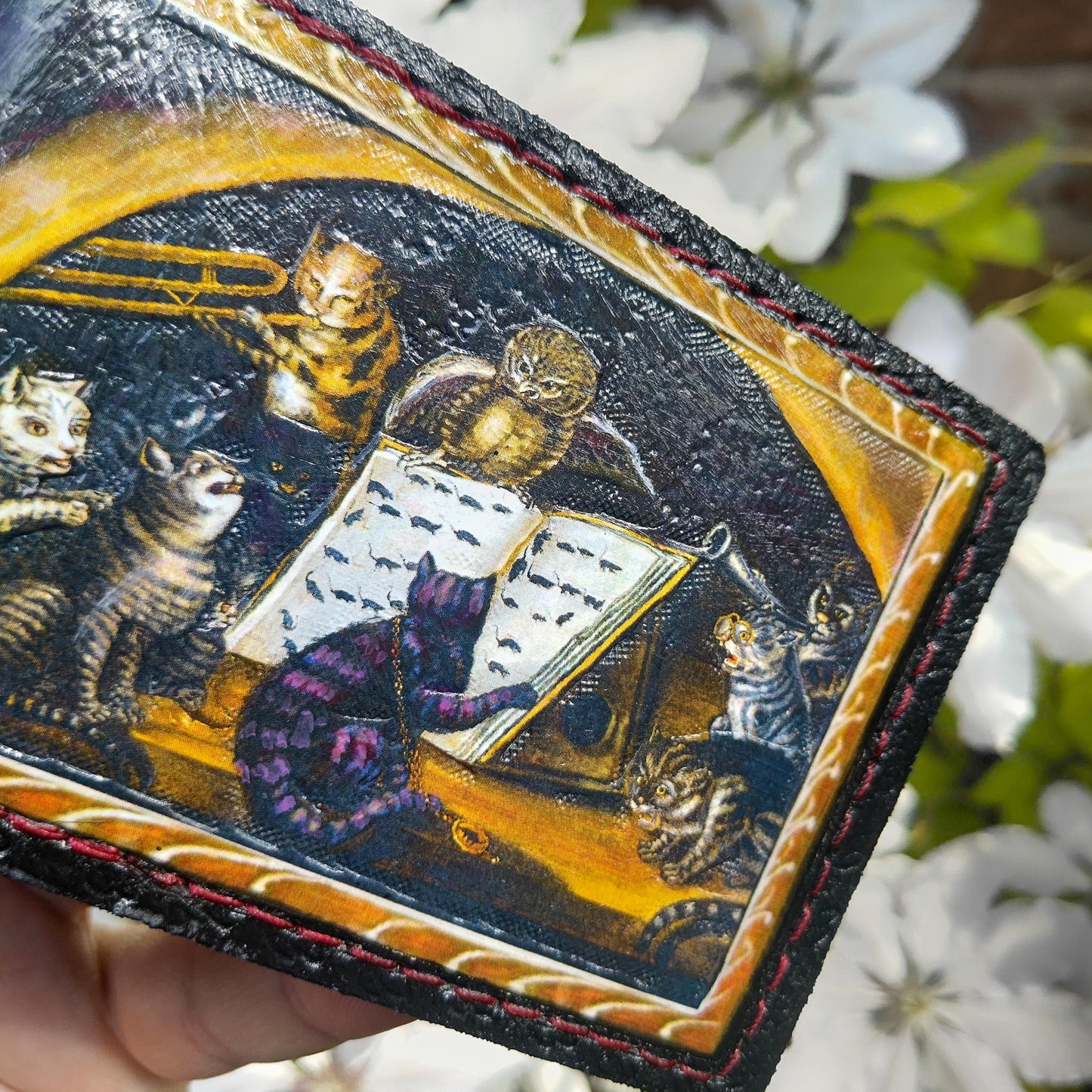 Spooky medieval cats leather wallet - Marginalia medieval - Leather Bifold Wallet - Handcrafted