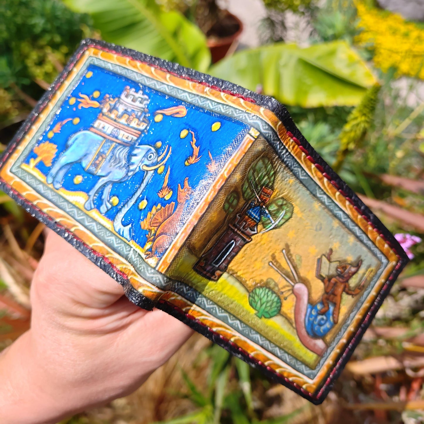 Castle Elephant marginalia leather wallet- Leather Bifold Wallet - Handcrafted