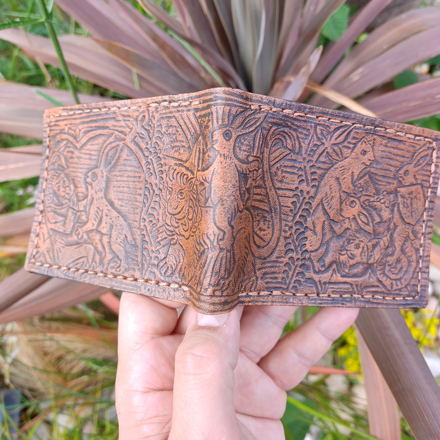 Marginalia medieval party - rabbits cats and snail v1 - leather wallet- Dark Brown and ivory colour - Leather Bifold Wallet - Handcrafted