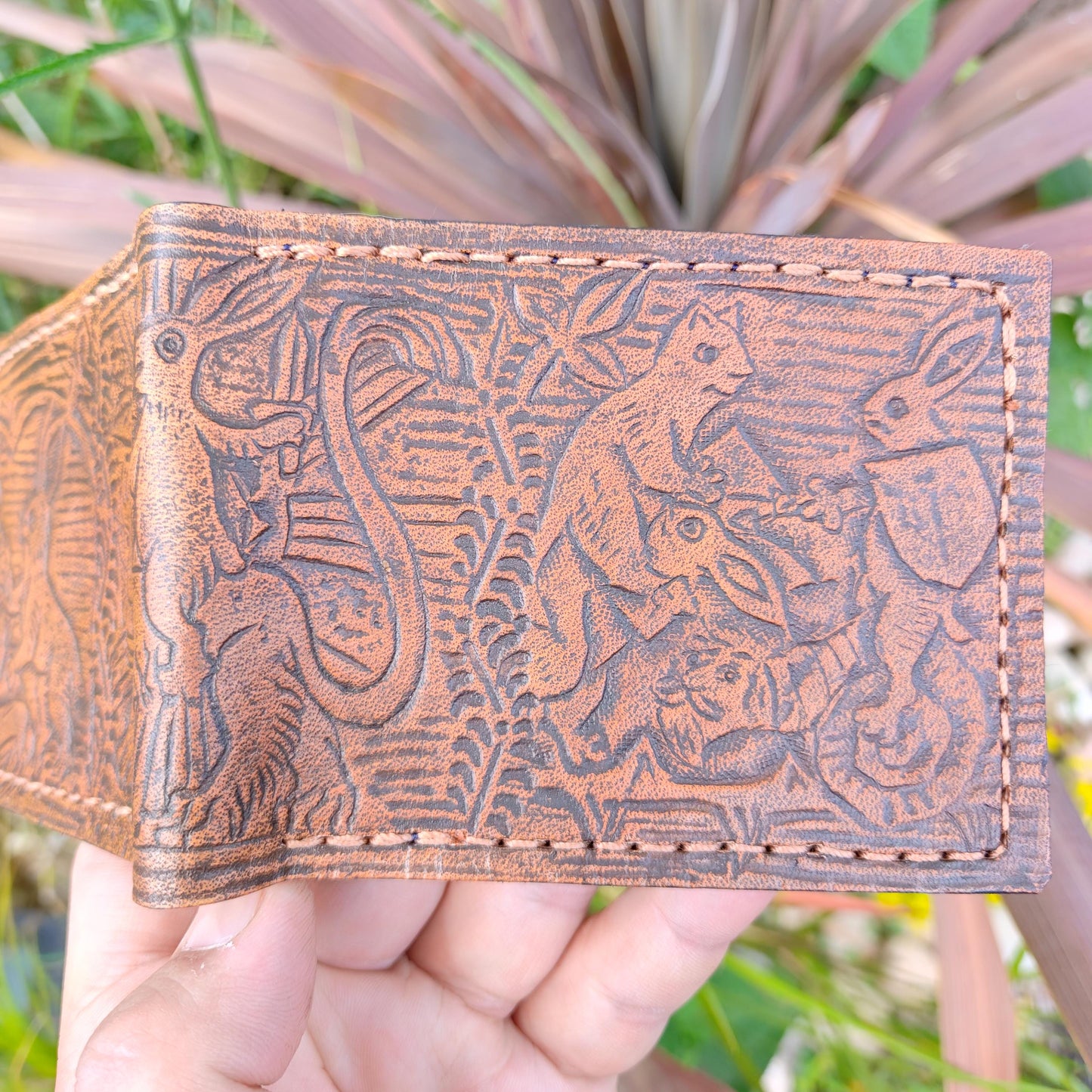 Marginalia medieval party - rabbits cats and snail v1 - leather wallet- Dark Brown and ivory colour - Leather Bifold Wallet - Handcrafted