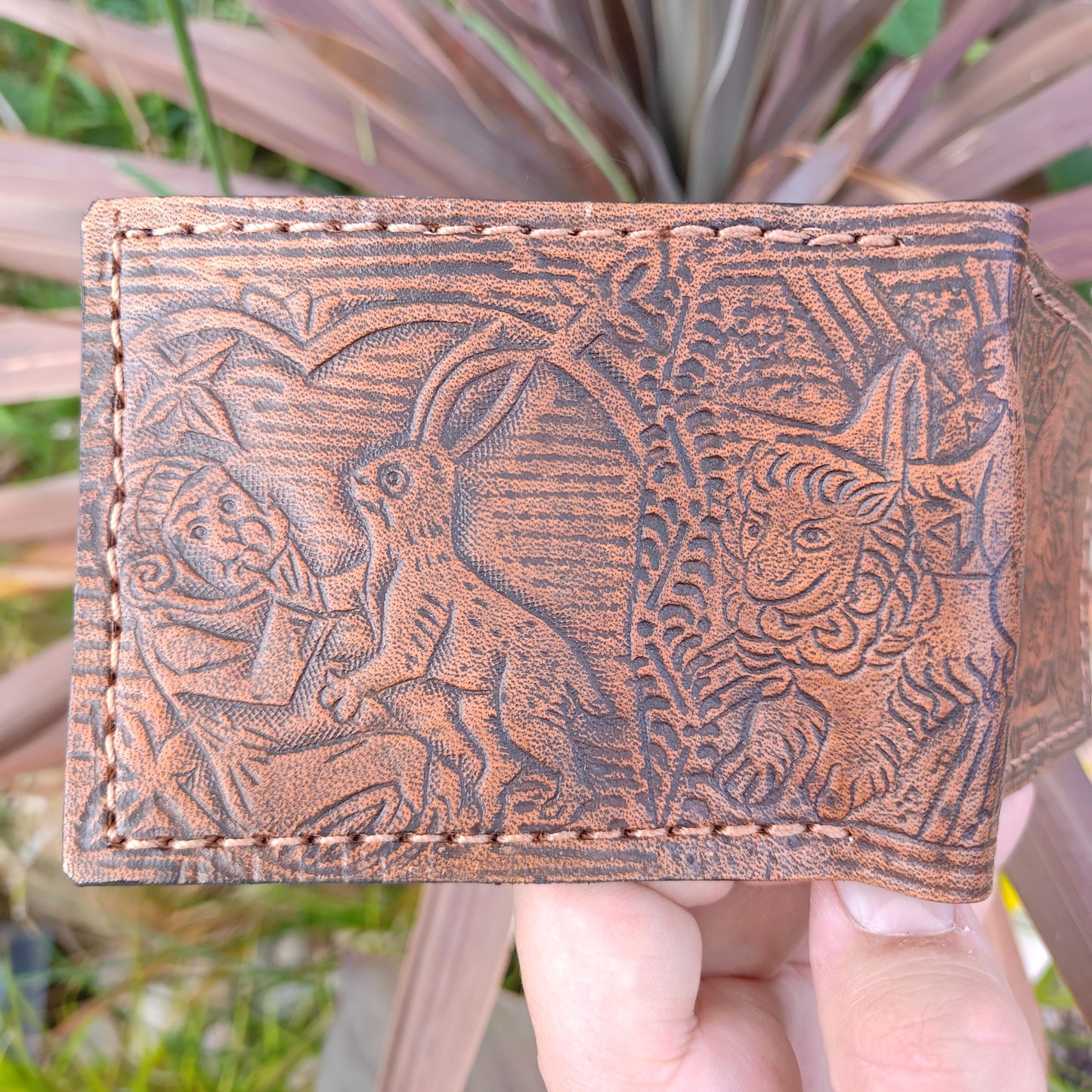 Marginalia medieval party - rabbits cats and snail v1 - leather wallet- Dark Brown and ivory colour - Leather Bifold Wallet - Handcrafted