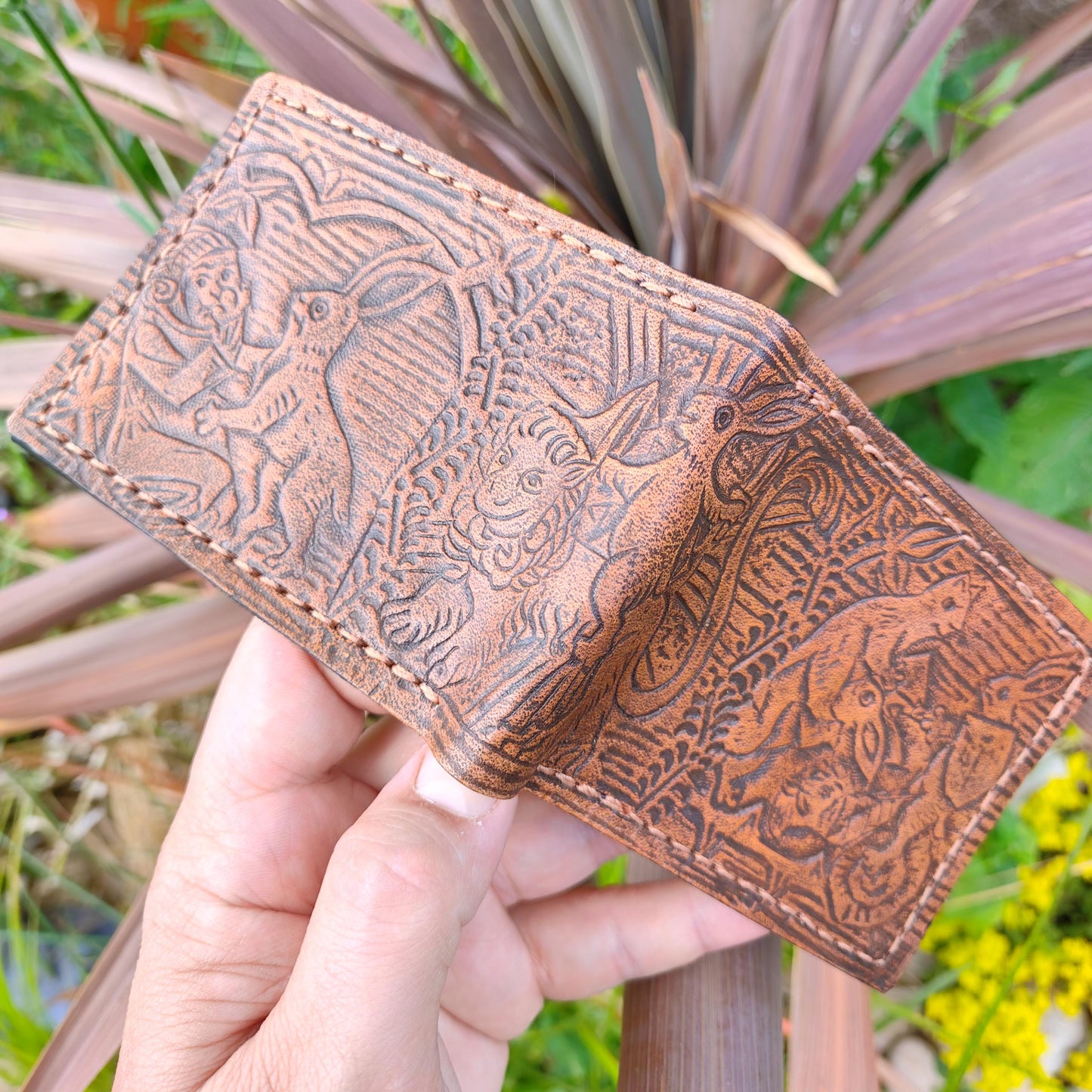 Marginalia medieval party - rabbits cats and snail v1 - leather wallet- Dark Brown and ivory colour - Leather Bifold Wallet - Handcrafted
