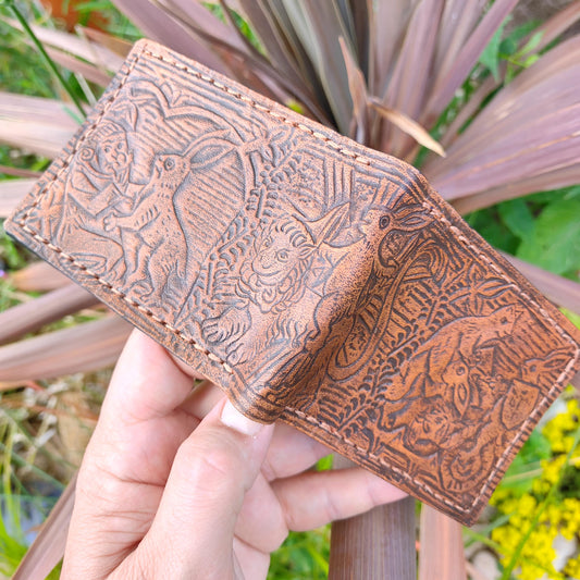 Marginalia medieval party - rabbits cats and snail v1 - leather wallet- Dark Brown and ivory colour - Leather Bifold Wallet - Handcrafted