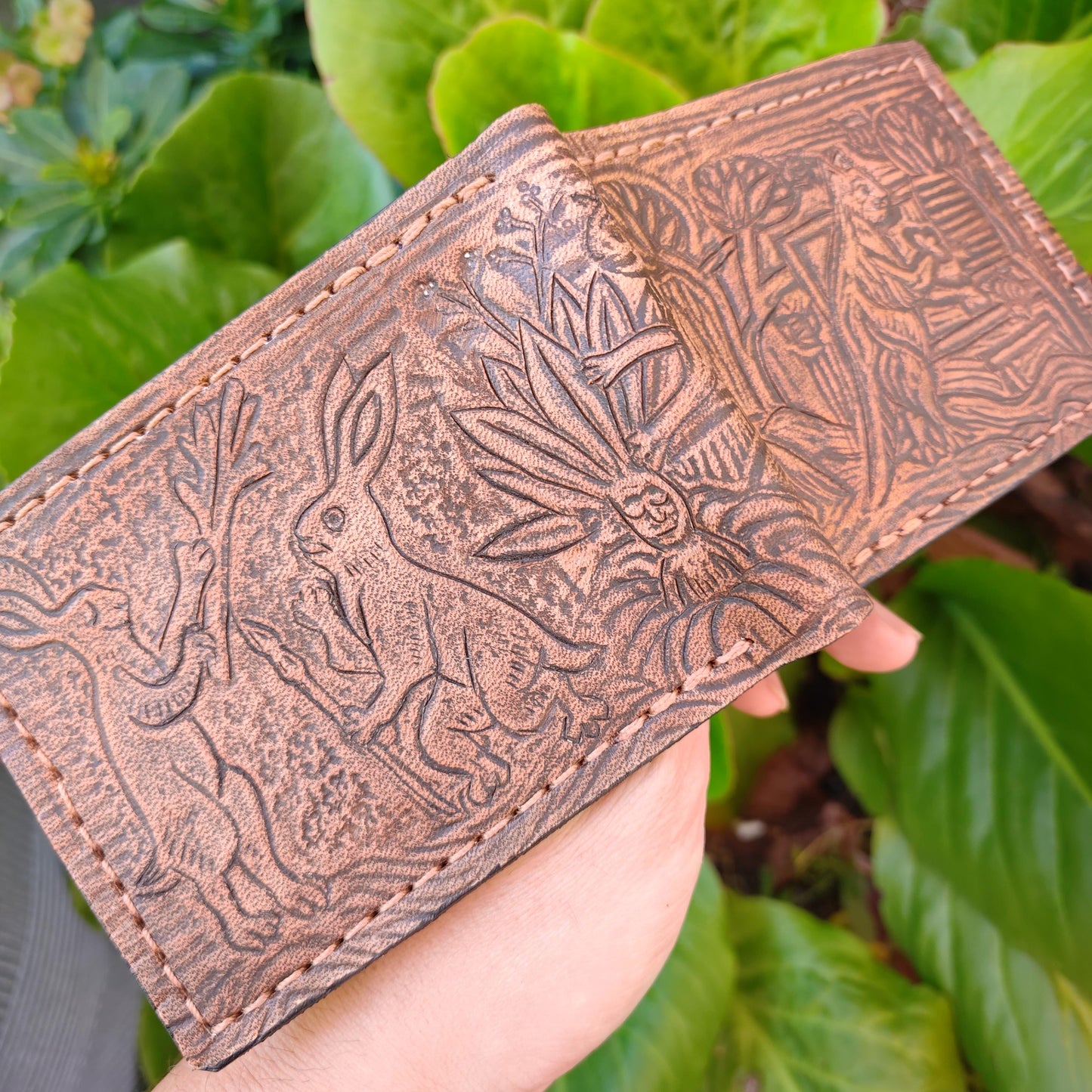Marginalia medieval party v2 - rabbits cats and snail v2 - leather wallet- Dark Brown and ivory colour - Leather Bifold Wallet - Handcrafted