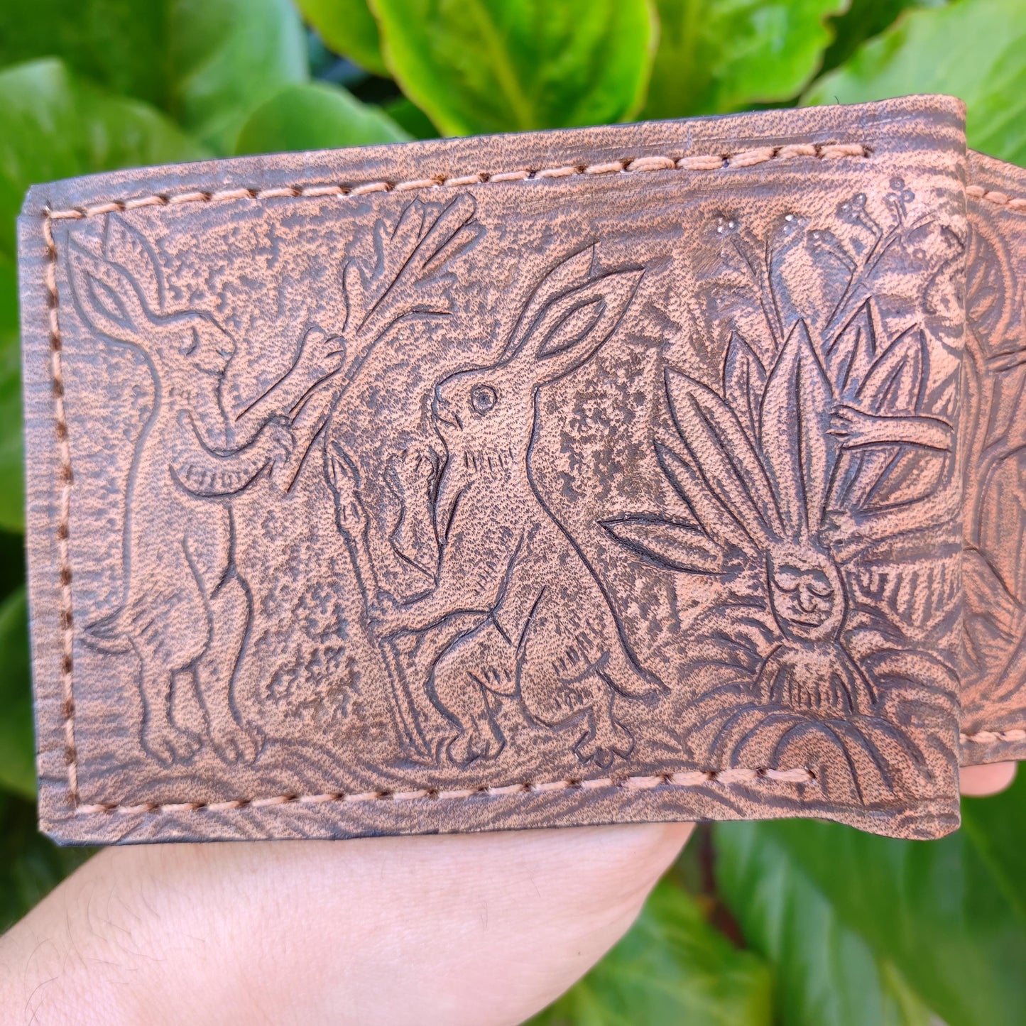 Marginalia medieval party v2 - rabbits cats and snail v2 - leather wallet- Dark Brown and ivory colour - Leather Bifold Wallet - Handcrafted