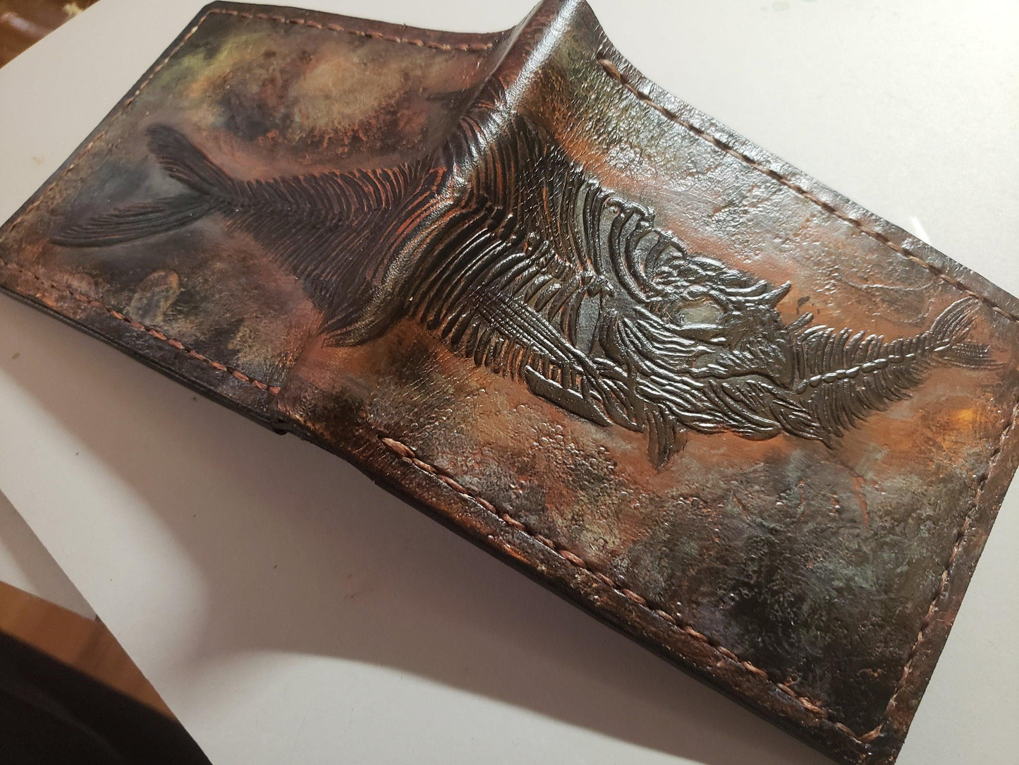 Fish Fossil - Leather Bifold Wallet - you choose mettalic gold, brown or black for the fossil -