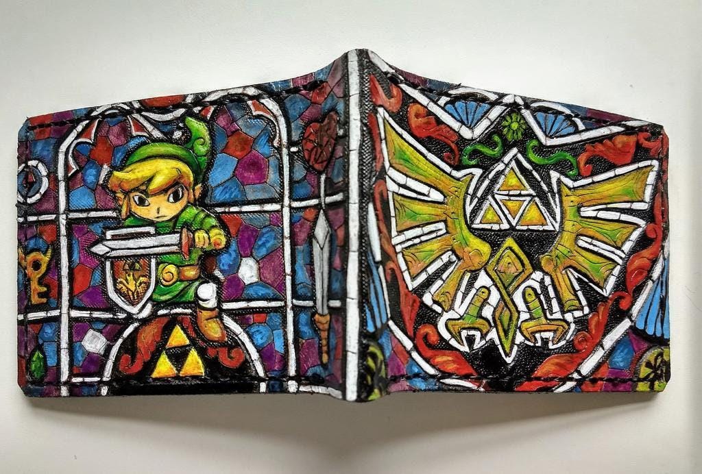 Wind Waker colorful stained glass Hyrule Crest leather wallet- Color version - Leather Bifold Wallet - Handcrafted Legend of Zelda Wallet -