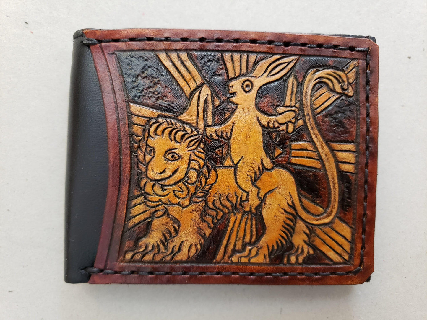 Marginalia medieval rabbits - leather wallet- Dark Brown and ivory colour - Leather Bifold Wallet - Handcrafted