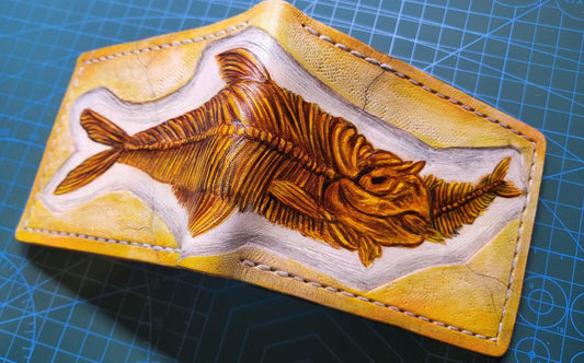 Fish Fossil - sandstone version - Leather Bifold Wallet - you choose mettalic gold, brown or black for the fossil -