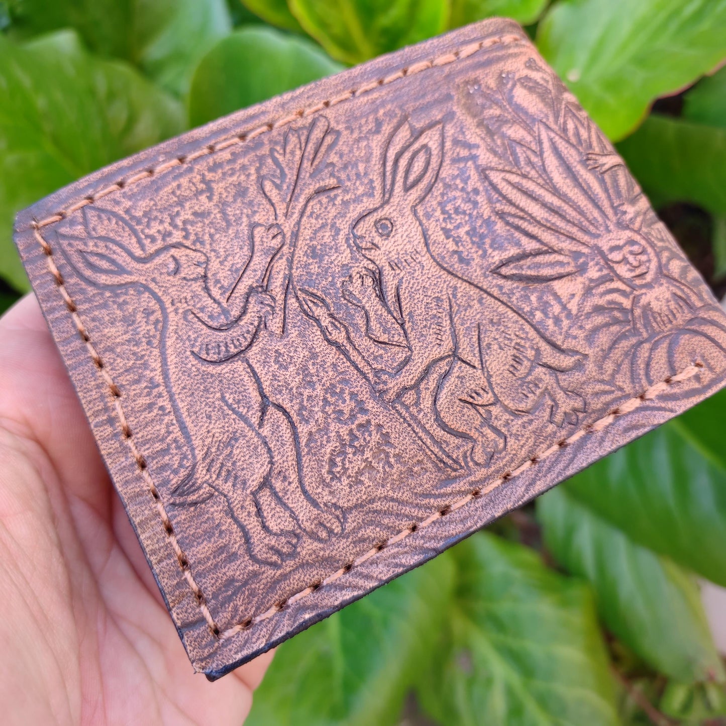 Marginalia medieval party v2 - rabbits cats and snail v2 - leather wallet- Dark Brown and ivory colour - Leather Bifold Wallet - Handcrafted
