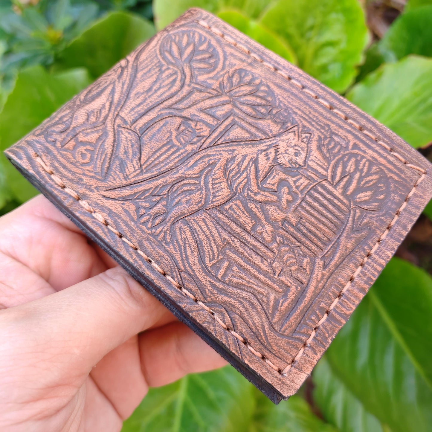 Marginalia medieval party v2 - rabbits cats and snail v2 - leather wallet- Dark Brown and ivory colour - Leather Bifold Wallet - Handcrafted