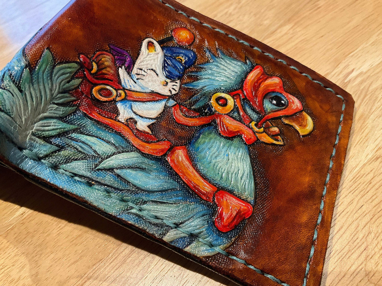 Chocobo and baby, Mog and moogle messenger - cerulean - dark brown Leather Bifold Wallet - Handcrafted Final Fantasy 14 inspired Wallet -