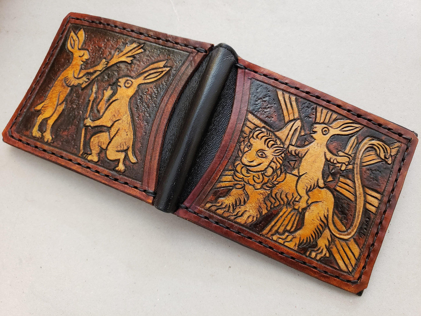 Marginalia medieval rabbits - leather wallet- Dark Brown and ivory colour - Leather Bifold Wallet - Handcrafted