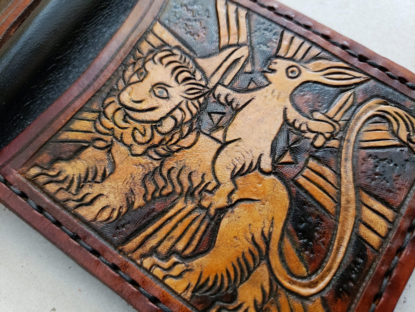 Marginalia medieval rabbits - leather wallet- Dark Brown and ivory colour - Leather Bifold Wallet - Handcrafted