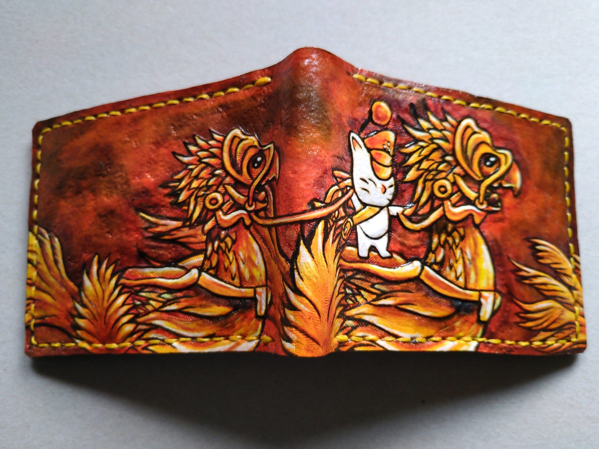 FF14 Sepia Chocobos and moogle Rider - Soft type Leather Bifold Wallet - Handcrafted Final Fantasy 14 inspired Wallet -