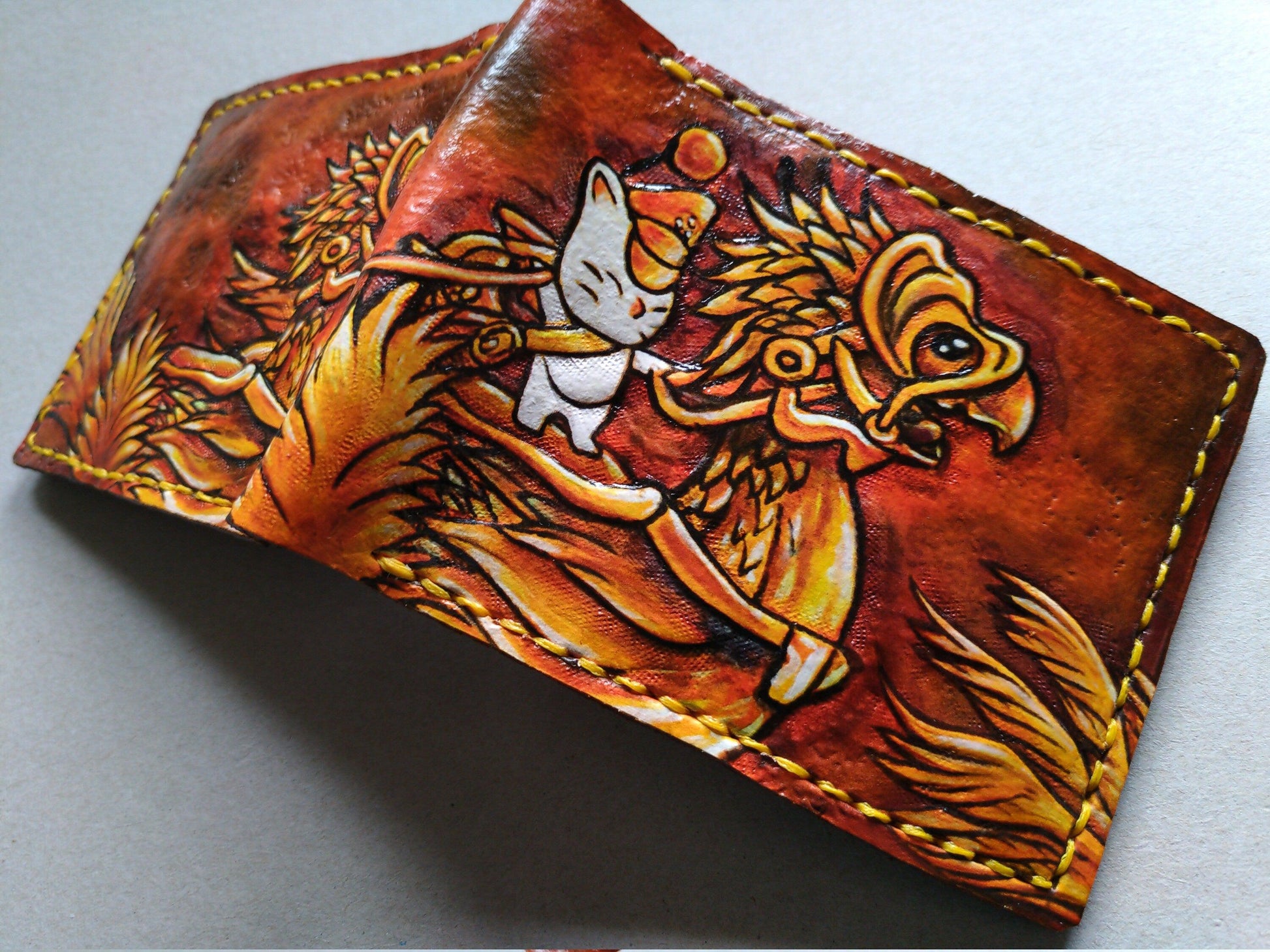 FF14 Sepia Chocobos and moogle Rider - Soft type Leather Bifold Wallet - Handcrafted Final Fantasy 14 inspired Wallet -