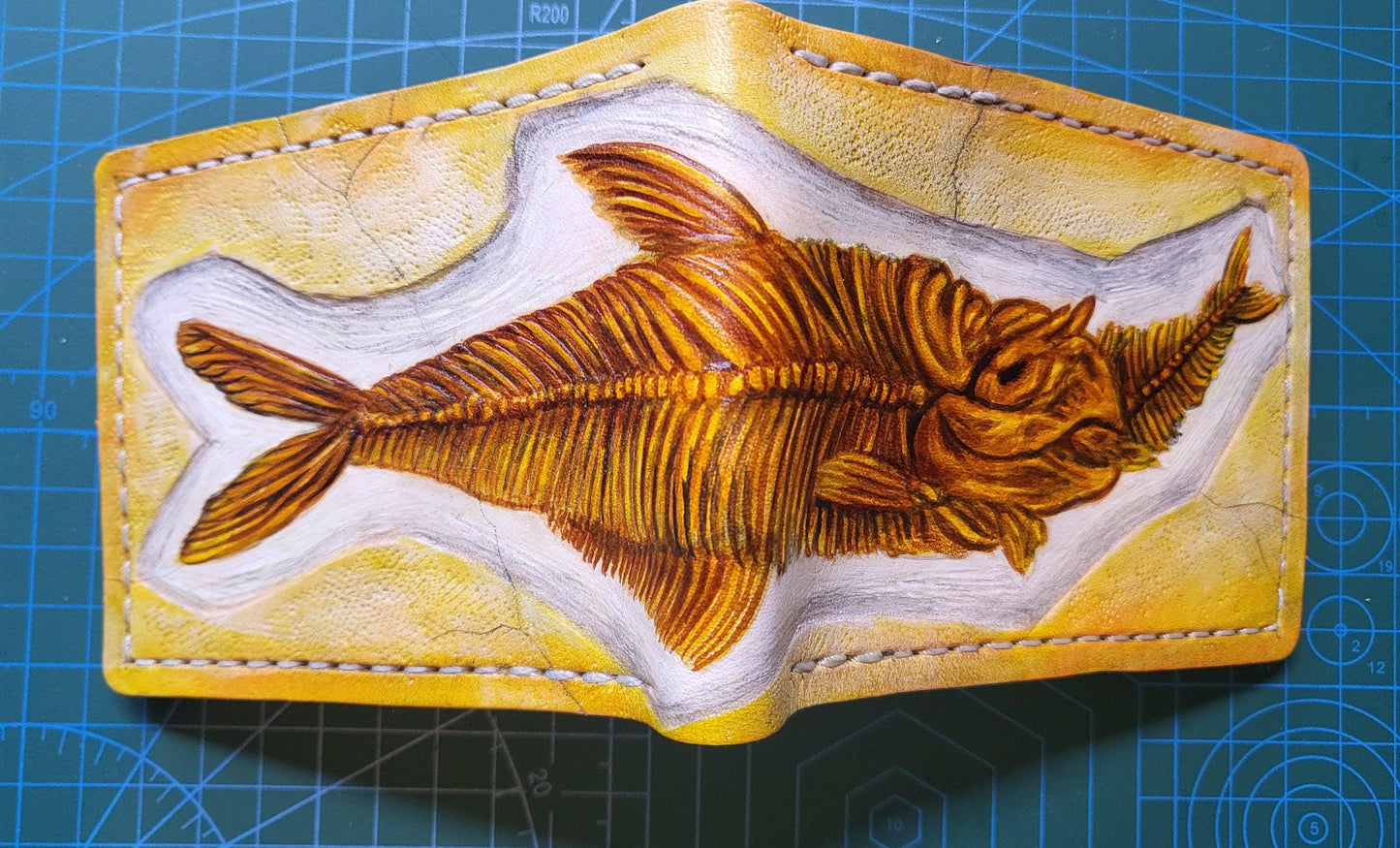 Fish Fossil - sandstone version - Leather Bifold Wallet - you choose mettalic gold, brown or black for the fossil -