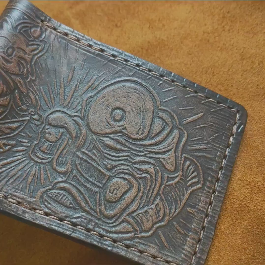 Textured - Cactuar - Chocobo and Tonberry - dark brown Leather Bifold Wallet - Handcrafted Final Fantasy 14 inspired Wallet -