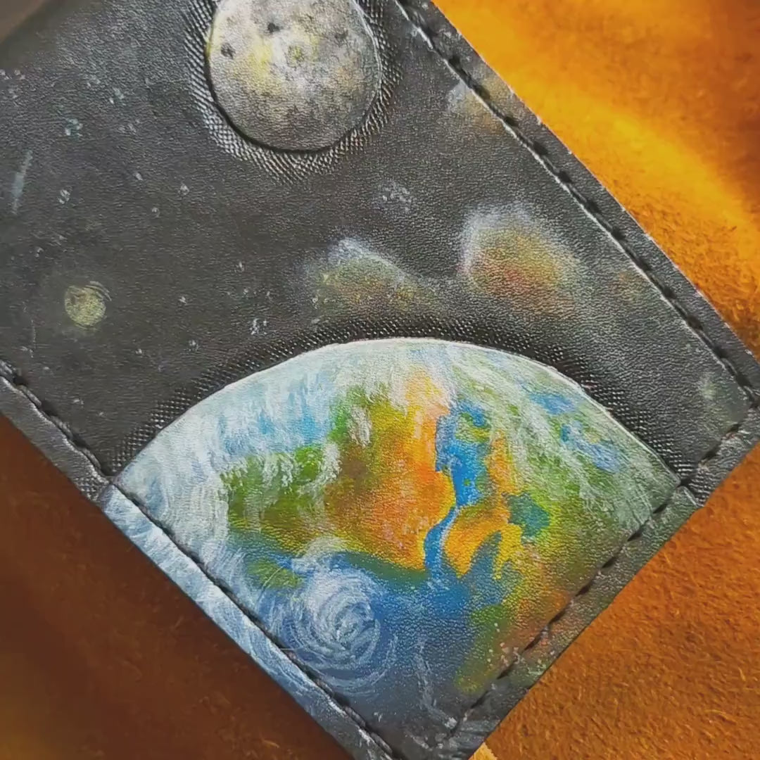 Outer Space - Earth - Sun - Moon -Leather Bifold Wallet - Handcrafted Wallet -