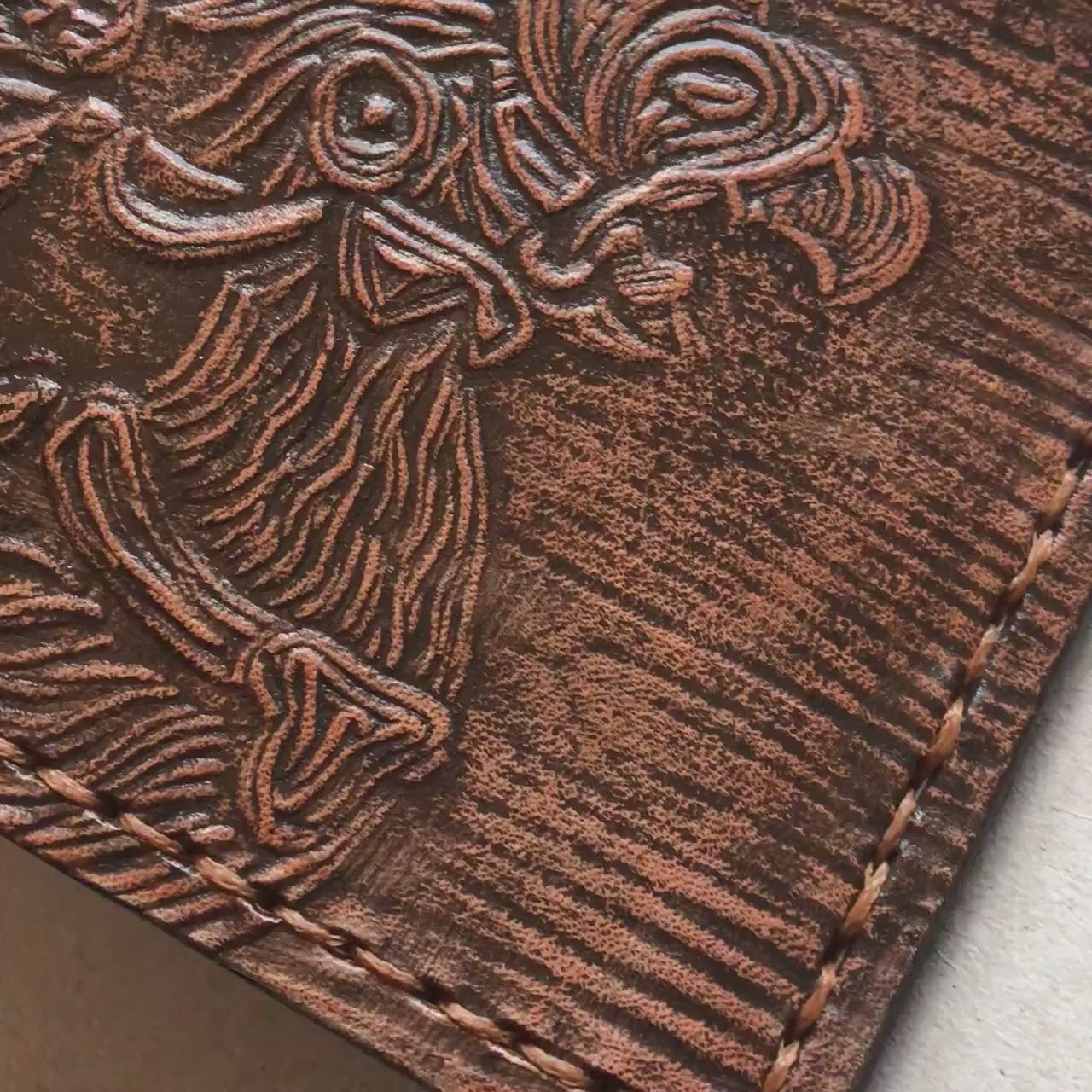 Textured - Chocobo and  Rider - dark brown Leather Bifold Wallet - Handcrafted Final Fantasy 14 inspired Wallet -