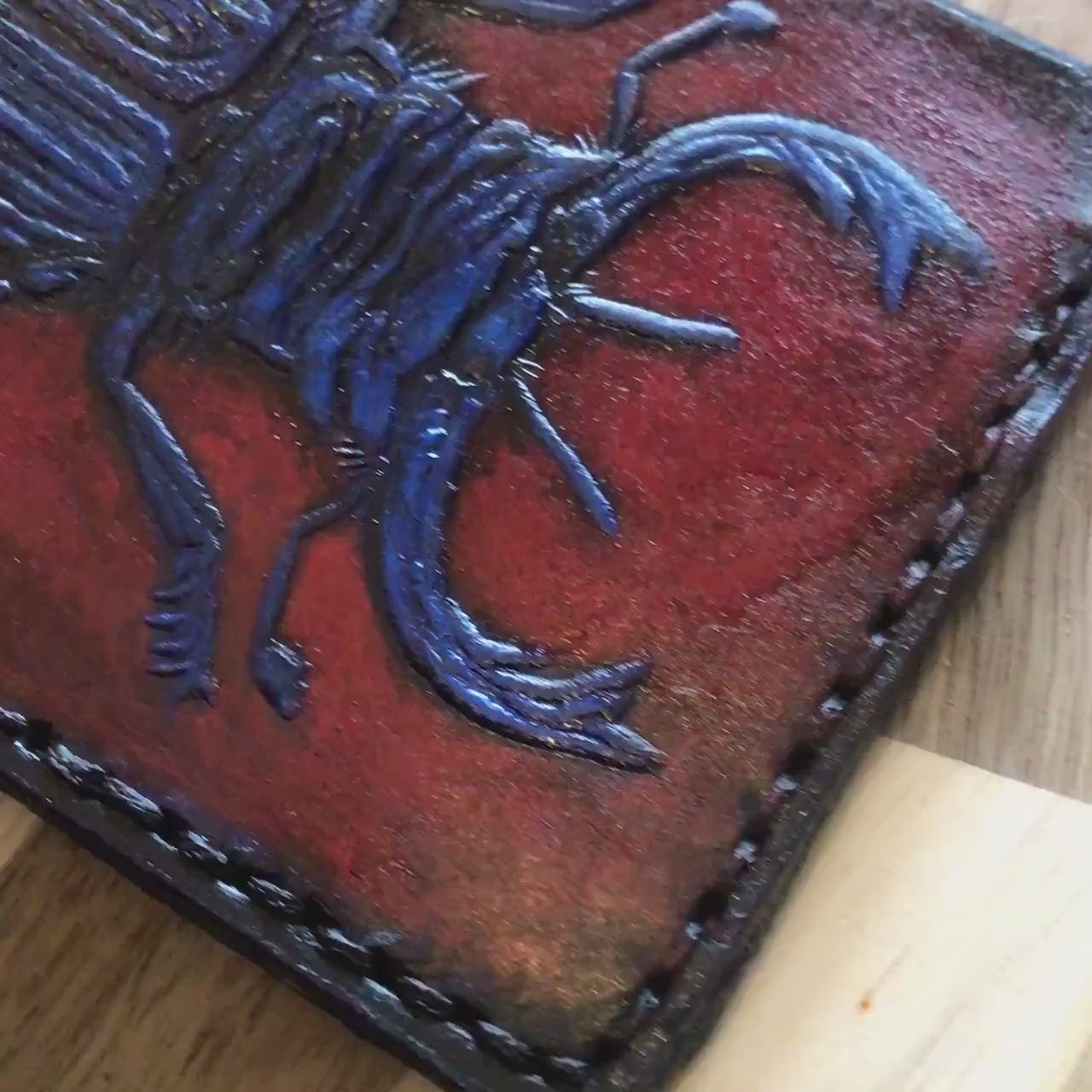 Stag Beetle leather wallet - formal - slim real leather wallet- Blue in red bifold wallet
