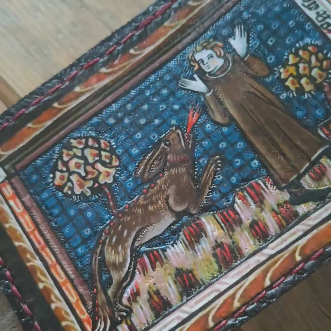 Marginalia medieval monk, rabbit and dragon - leather wallet- Leather Bifold Wallet - Handcrafted