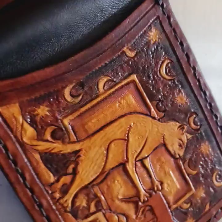 Marginalia medieval cats - leather wallet- Dark Brown and ivory colour - Leather Bifold Wallet - Handcrafted