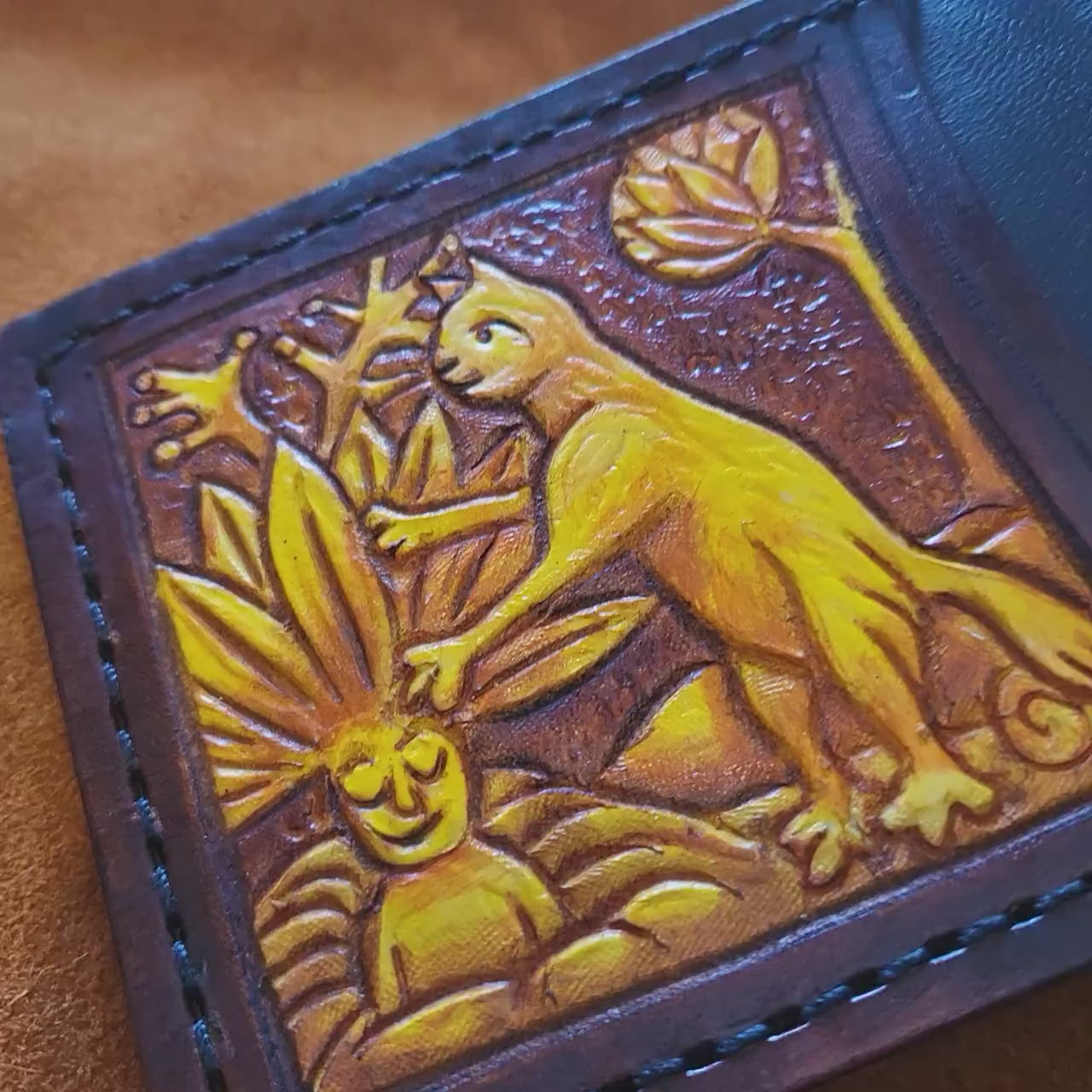 Marginalia medieval cats - bee keepers - leather wallet- Dark Brown and ivory colour - Leather Bifold Wallet - Handcrafted