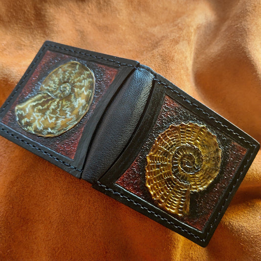 Ammonite Fossil - Leather Bifold Wallet - you choose mettalic gold, brown or black for the fossil -