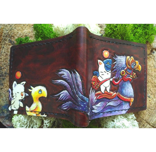 Chocobo and baby, Mog and moogle messenger - dark brown Leather Bifold Wallet - Handcrafted Final Fantasy 14 inspired Wallet -