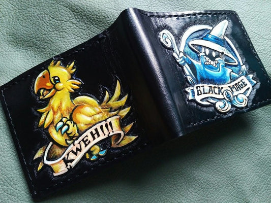 Gold Chocobo and Black Mage - dark brown Leather Bifold Wallet - Handcrafted Final Fantasy inspired Wallet -