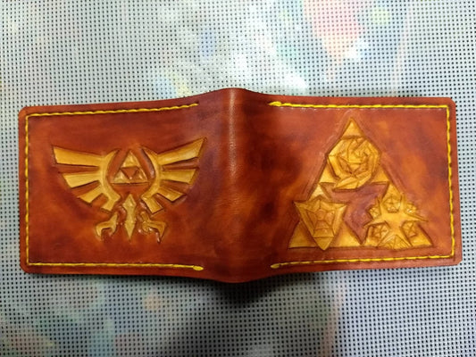 Triforce and Holy Relics -Tan Brown - leather wallet- Leather Bifold Wallet - Handcrafted Legend of Zelda Wallet - Link Wallet
