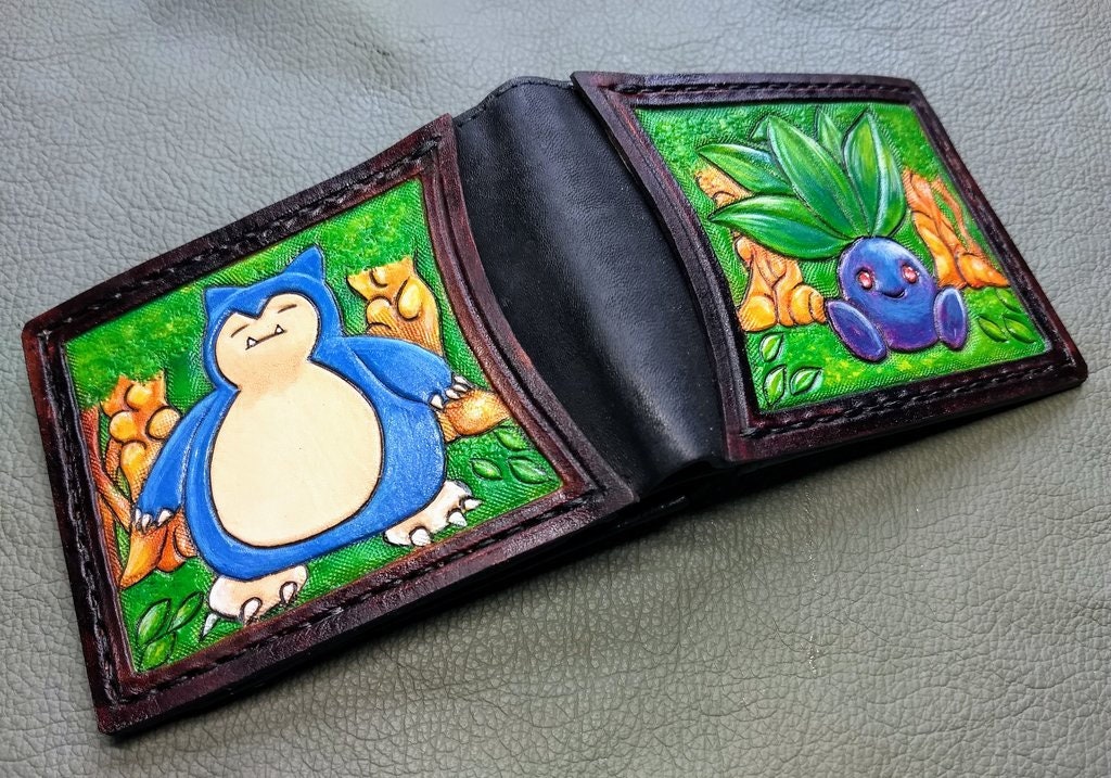 Oddish and Snorlax - Leather Bifold Wallet - Handcrafted Wallet -