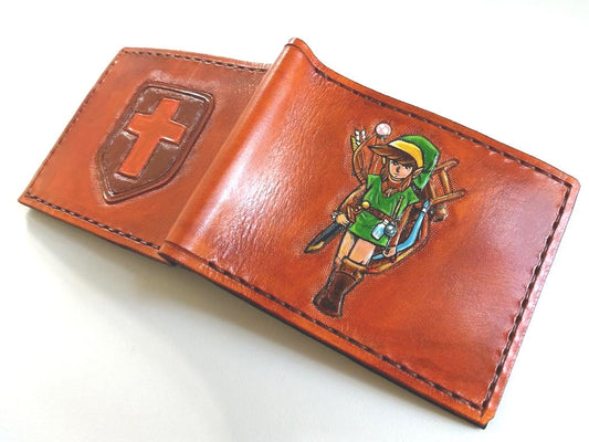 Retro Link and Shield - toon - NES - SNES - 80's -Leather Bifold Wallet - Handcrafted Wallet -