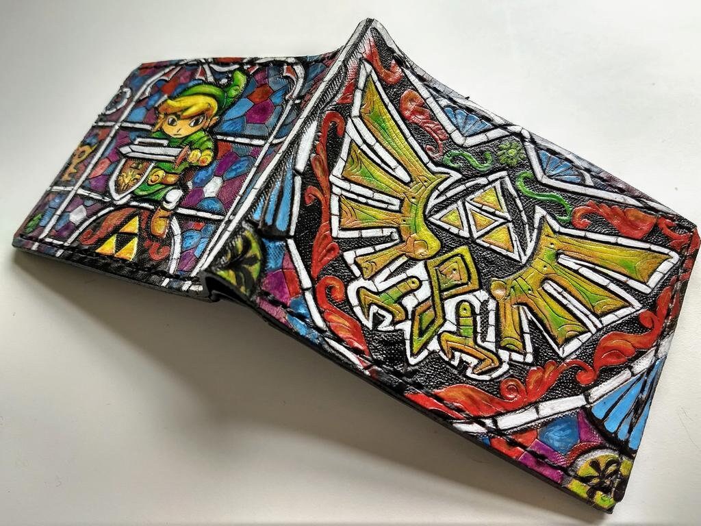 Wind Waker colorful stained glass Hyrule Crest leather wallet- Color version - Leather Bifold Wallet - Handcrafted Legend of Zelda Wallet -