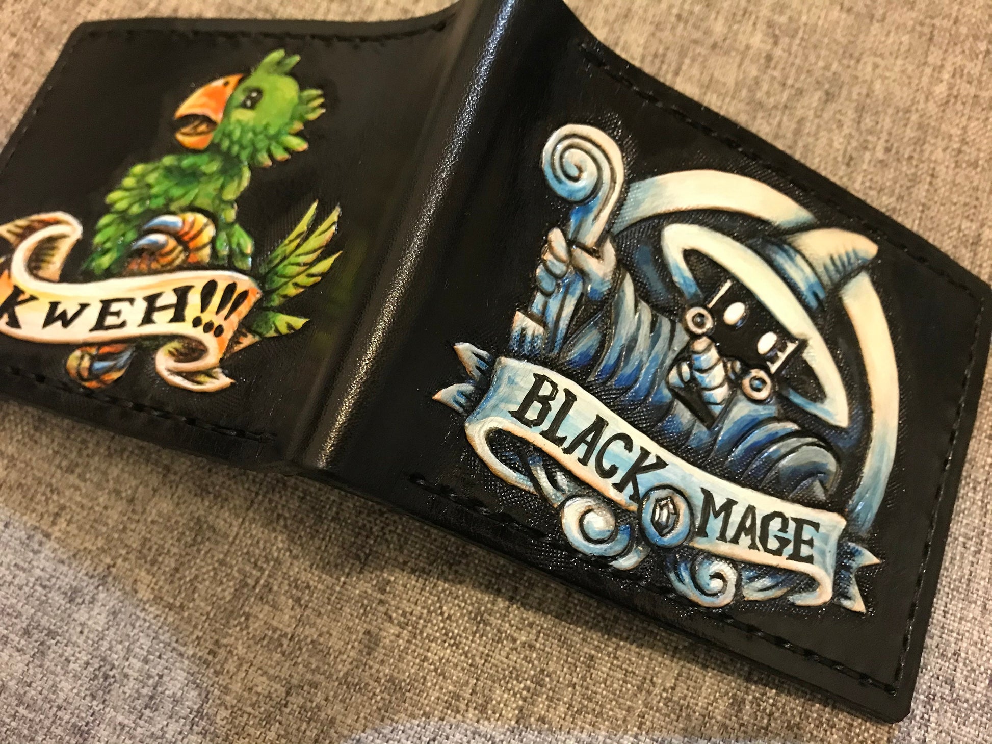 Green Chocobo and Black Mage - Leather Bifold Wallet - Handcrafted Final Fantasy inspired Wallet -