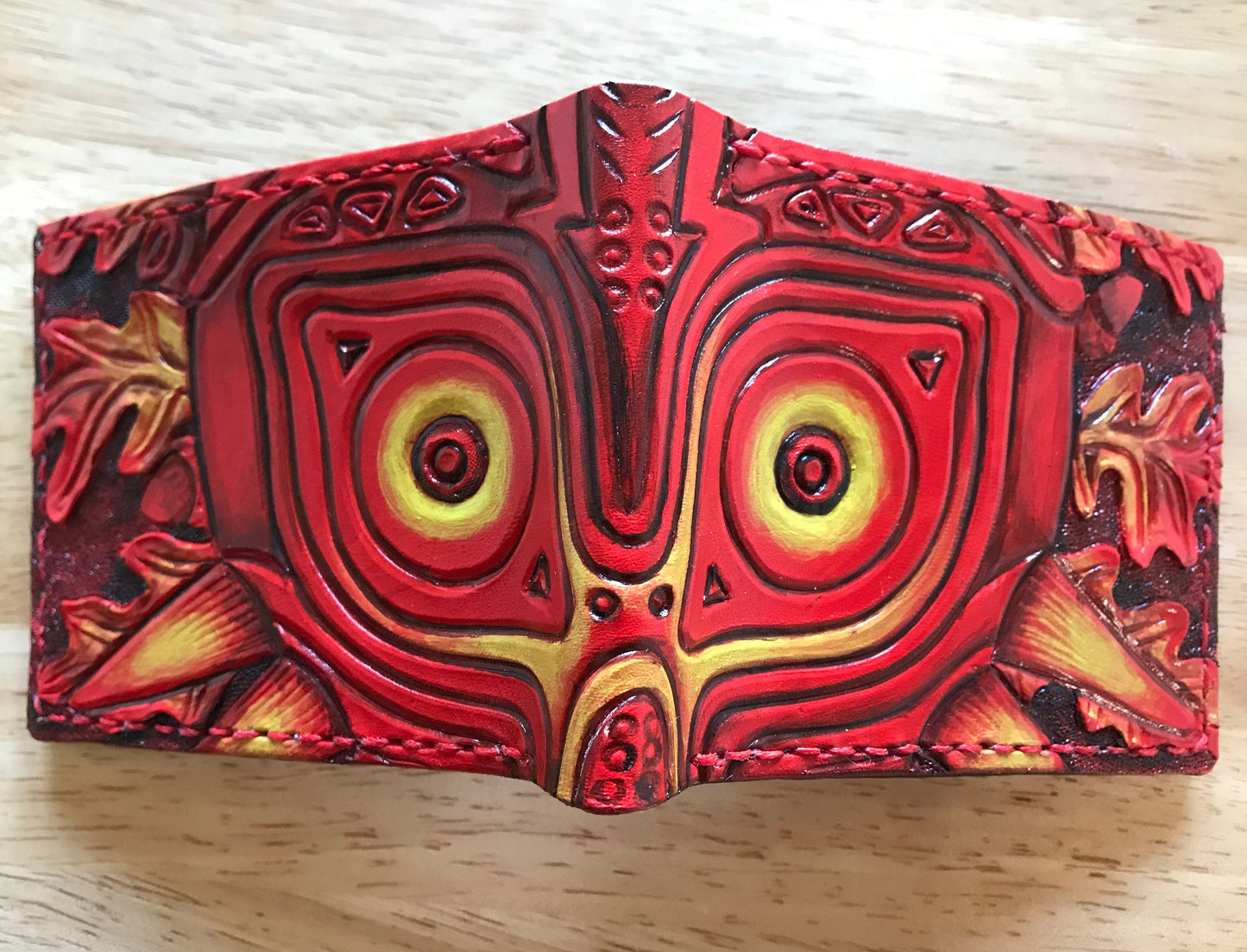 Red Oak leaf Majoras Mask leather wallet- Leather Bifold Wallet - Handcrafted Legend of Zelda Wallet - Link Wallet