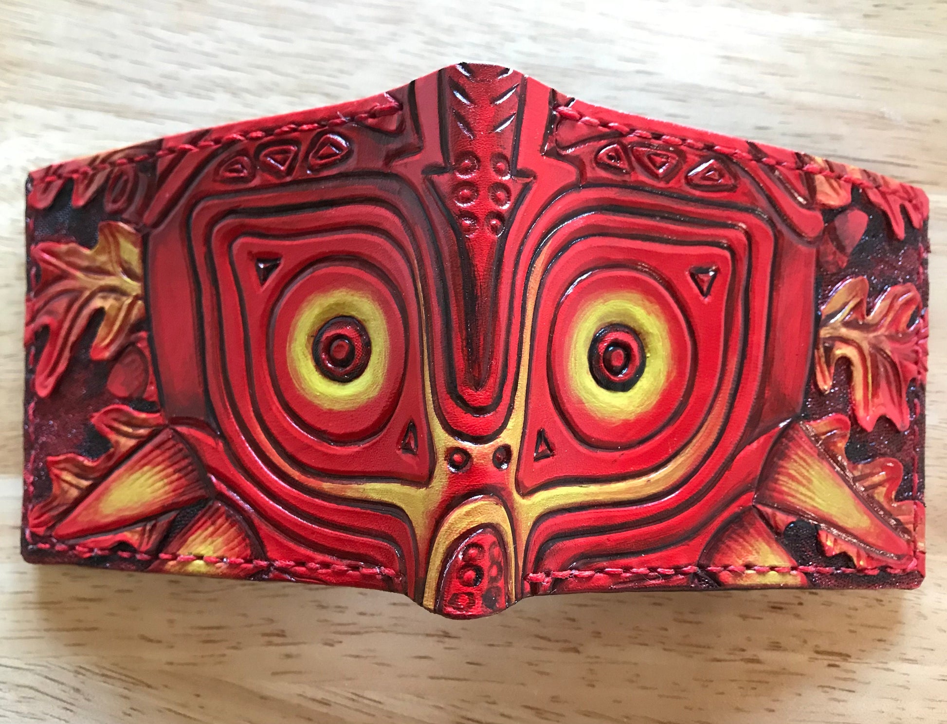 Red Oak leaf Majoras Mask leather wallet- Leather Bifold Wallet - Handcrafted Legend of Zelda Wallet - Link Wallet