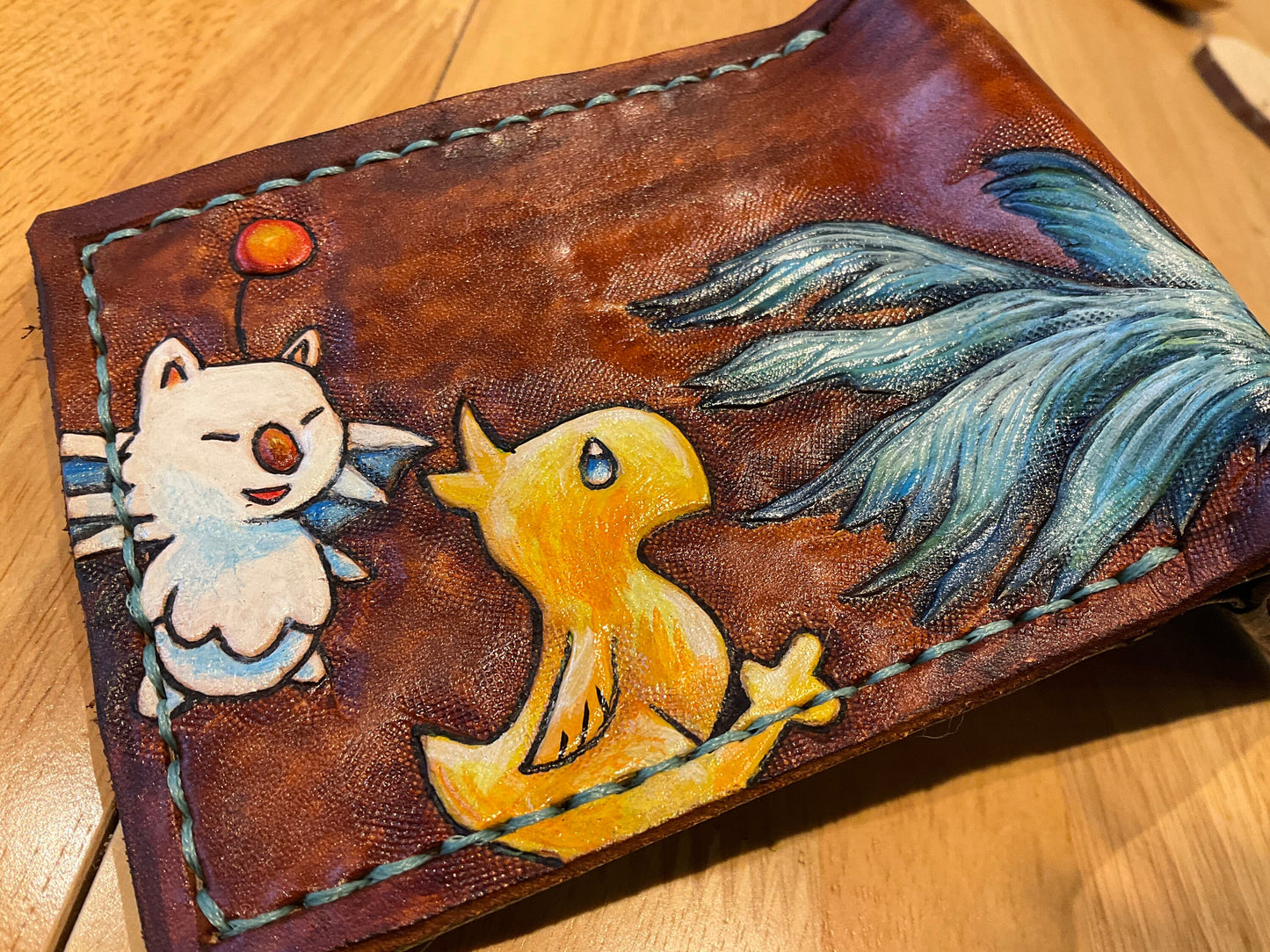 Chocobo and baby, Mog and moogle messenger - cerulean - dark brown Leather Bifold Wallet - Handcrafted Final Fantasy 14 inspired Wallet -