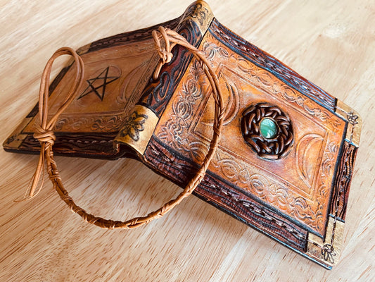 Spell book style wallet - Green Eye Gem - Mystic - Leather wallet.