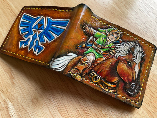 Link riding Epona and blue hyrule sigil - Leather Bifold Wallet - Handcrafted Legend of Zelda Wallet - Link Wallet