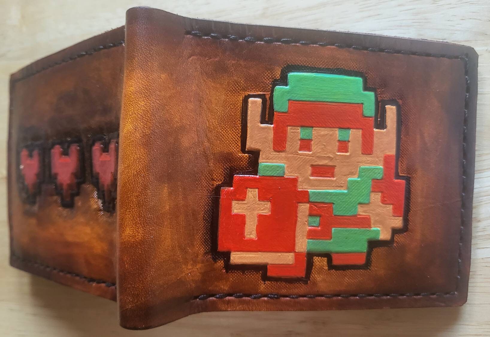 Pixel Link and Heart containers- color version - leather wallet - Leather Bifold Wallet - Handcrafted Legend of Zelda Wallet - Link Wallet