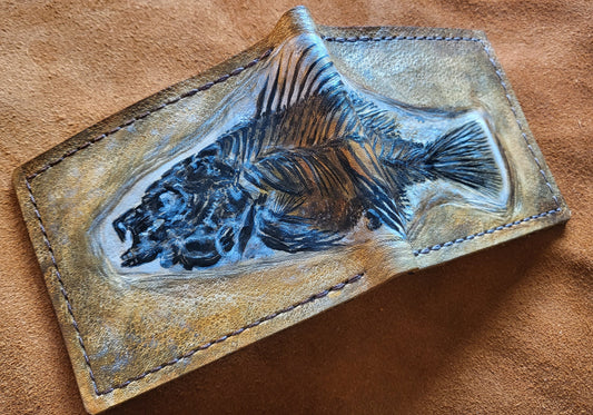 Priscacara Fish Fossil - Leather Bifold Wallet - you choose mettalic gold, brown or black for the fossil -