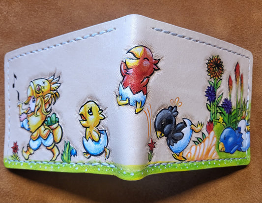 Chocobo Chick March yellow red black blue version - Tan Leather Bifold Wallet - Handcrafted Final Fantasy inspired Wallet - baby