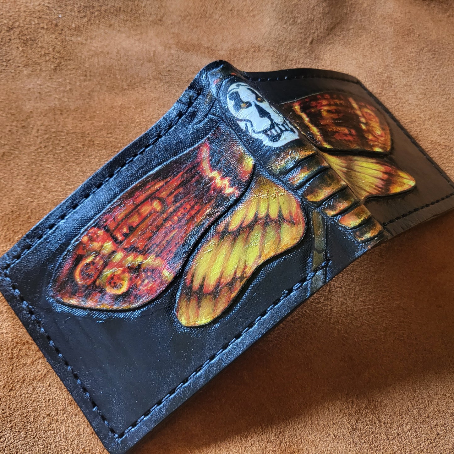 Deaths Head Moth - black version - Leather Bifold Wallet - Handcrafted Wallet -