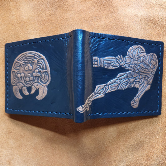 Samus and Metroid - greek pot version - Leather Bifold Wallet - Handcrafted Wallet -