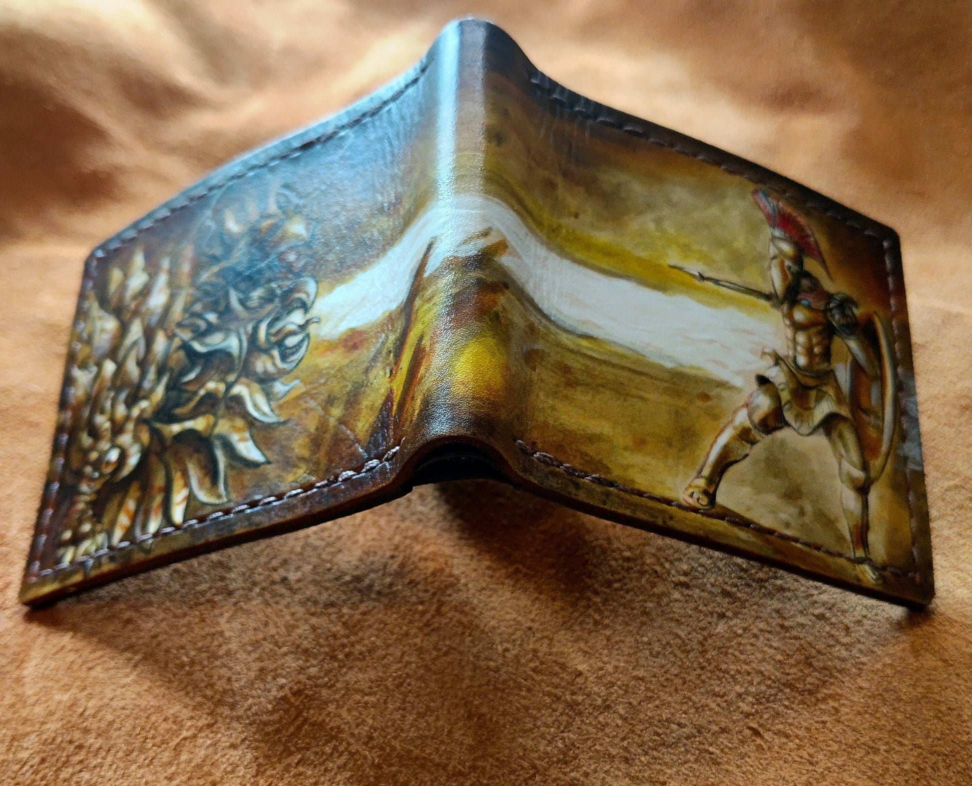 Spartan warrior and dragon Leather Bifold Wallet