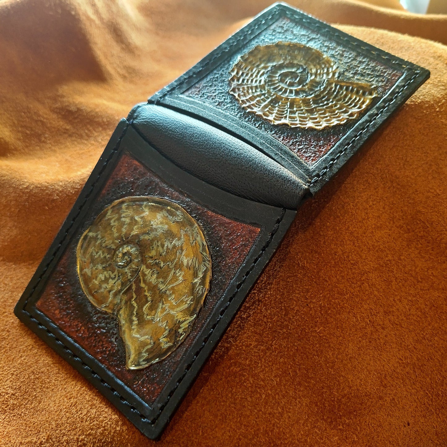 Ammonite Fossil - Leather Bifold Wallet - you choose mettalic gold, brown or black for the fossil -