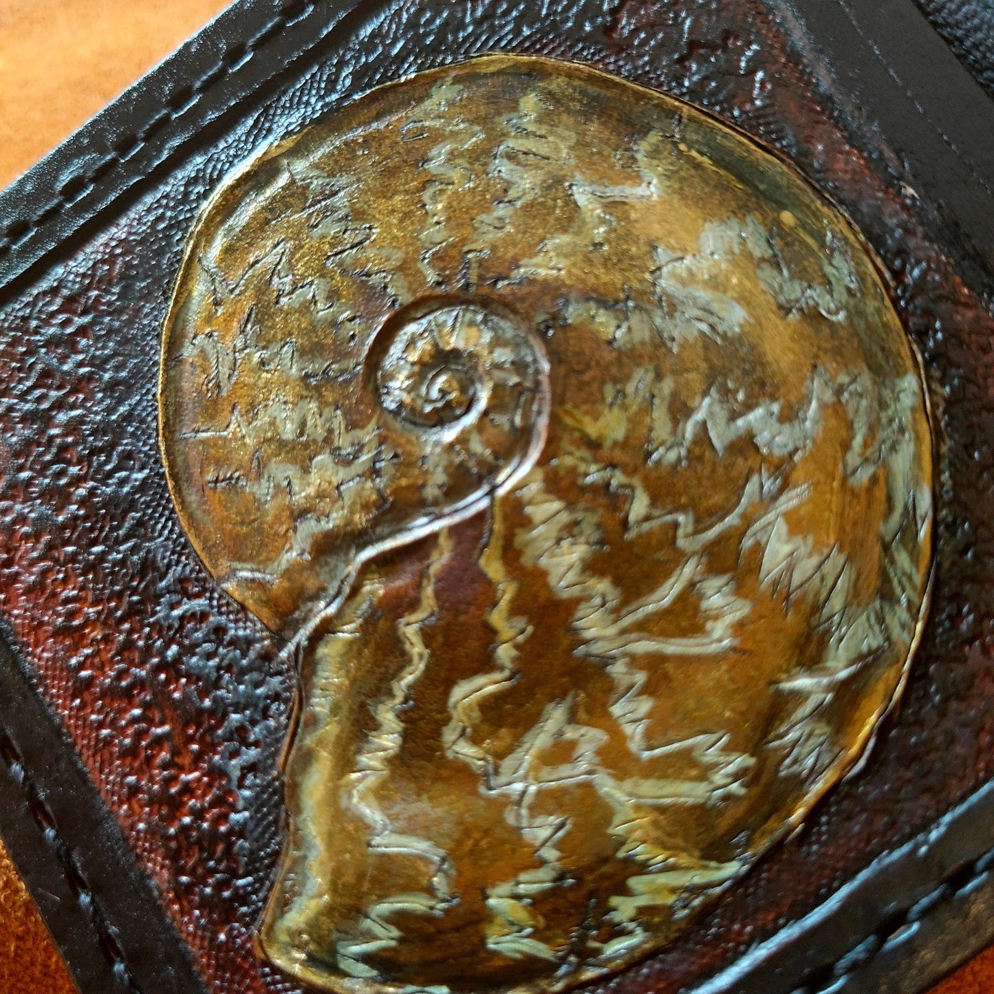 Ammonite Fossil - Leather Bifold Wallet - you choose mettalic gold, brown or black for the fossil -
